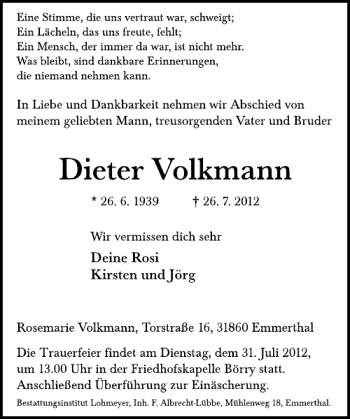 Traueranzeige von Dieter Volkmann von Deister- und Weserzeitung