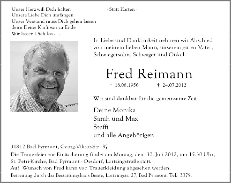  Traueranzeige für Fred Reimann vom 27.07.2012 aus Deister- und Weserzeitung