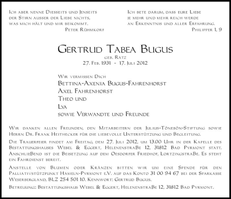  Traueranzeige für Gertrud Tabea Bugus vom 21.07.2012 aus Deister- und Weserzeitung