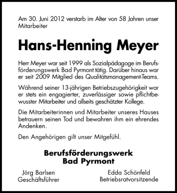 Traueranzeige von Hans-Henning Meyer von Deister- und Weserzeitung