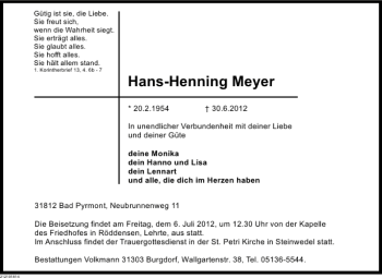 Traueranzeige von Hans-Henning Meyer von Deister- und Weserzeitung
