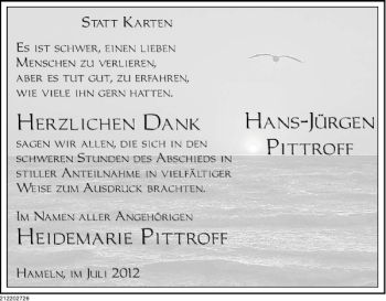 Traueranzeige von Hans-Jürgen Pittroff von Deister- und Weserzeitung