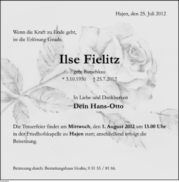 Traueranzeige von Ilse Fielitz von Deister- und Weserzeitung