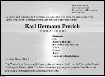 Traueranzeige von Karl-Hermann Frerich von Deister- und Weserzeitung