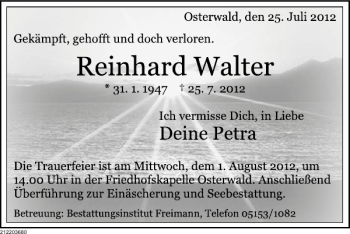 Traueranzeige von Reinhard Walter von Deister- und Weserzeitung