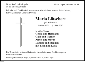 Traueranzeige von Trauer Lötschert von Deister- und Weserzeitung