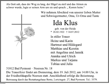 Traueranzeige von Traueranzeige Ida Klus von Deister- und Weserzeitung