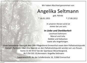 Traueranzeige von Angelika Seltmann von Deister- und Weserzeitung