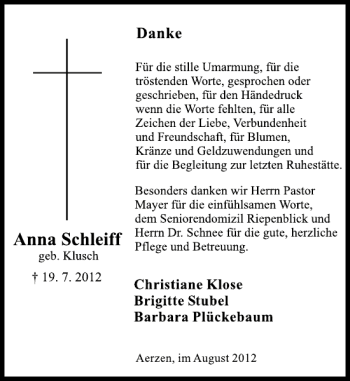 Traueranzeige von Anna Schleif von Deister- und Weserzeitung