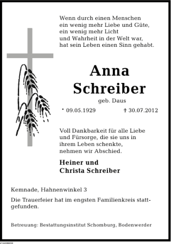 Traueranzeige von Anna Schreiber von Deister- und Weserzeitung