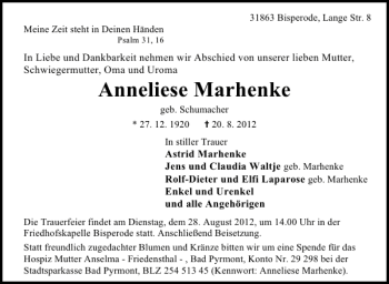 Traueranzeige von Anneliese Marhenke von Deister- und Weserzeitung
