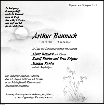 Traueranzeige von Arthur Bannach von Deister- und Weserzeitung