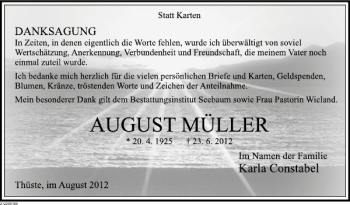 Traueranzeige von August Müller von Deister- und Weserzeitung
