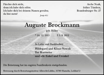 Traueranzeige von Auguste Brockmann von Deister- und Weserzeitung