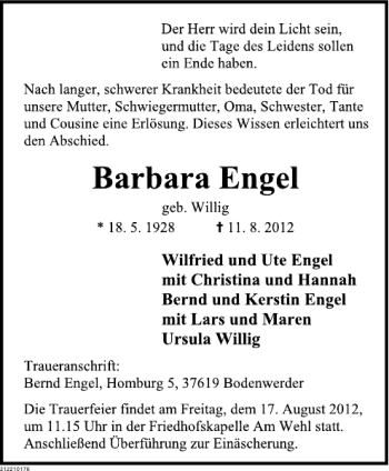 Traueranzeige von Barbara Engel von Deister- und Weserzeitung