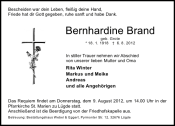 Traueranzeige von Bernhardine Brand von Deister- und Weserzeitung