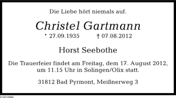 Traueranzeige von Christel Gartmann von Deister- und Weserzeitung