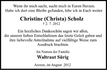 Traueranzeige von Christine Scholz von Deister- und Weserzeitung