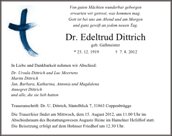 Traueranzeige von Dr. Edeltrud Dittrich von Deister- und Weserzeitung