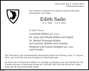 Traueranzeige von Edith Sado von Deister- und Weserzeitung