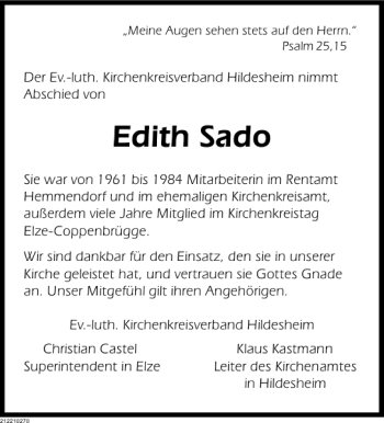 Traueranzeige von Edith Sado von Deister- und Weserzeitung