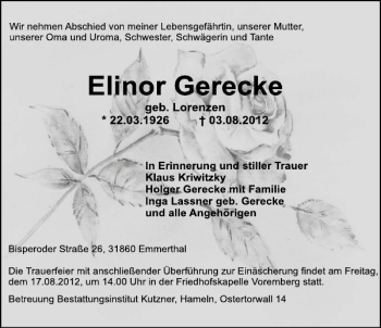 Traueranzeige von Elinor Gerecke von Deister- und Weserzeitung