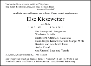 Traueranzeige von Else Kiesewetter von Deister- und Weserzeitung