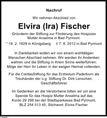 Traueranzeige von Elvira (Ira) Fischer von Deister- und Weserzeitung