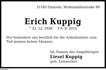 Traueranzeige von Erich Kuppig von Deister- und Weserzeitung