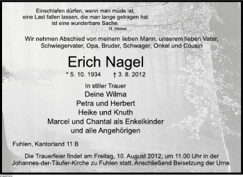 Traueranzeige von Erich Nagel von Deister- und Weserzeitung