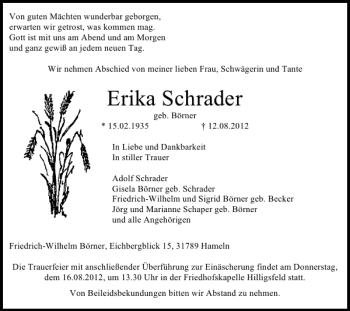 Traueranzeige von Erika Schrader von Deister- und Weserzeitung