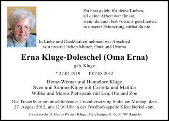 Traueranzeige von Erna Kluge-Doleschel Oma Erna von Deister- und Weserzeitung