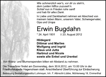 Traueranzeige von Erwin Bugdahn von Deister- und Weserzeitung