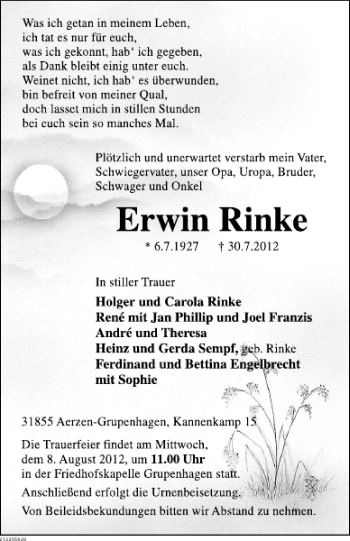 Traueranzeige von Erwin Rinke von Deister- und Weserzeitung