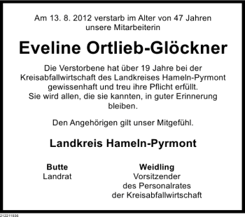 Traueranzeige von Eveline Ortlieb-Glöckner von Deister- und Weserzeitung
