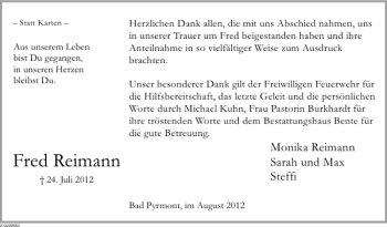 Traueranzeige von Fred Reimann von Deister- und Weserzeitung