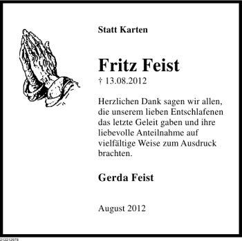 Traueranzeige von Fritz Feist von Deister- und Weserzeitung