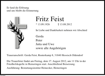 Traueranzeige von Fritz Feist von Deister- und Weserzeitung