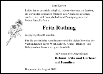 Traueranzeige von Fritz Rathing von Deister- und Weserzeitung