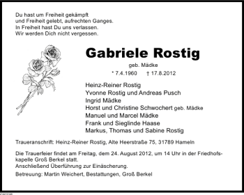 Traueranzeige von Gabriele Rostig von Deister- und Weserzeitung