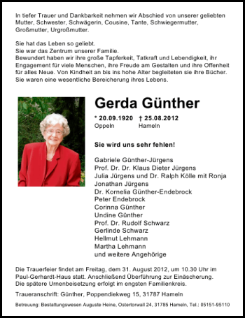 Traueranzeige von Gerda Günther von Deister- und Weserzeitung