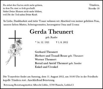Traueranzeige von Gerda Theunert von Deister- und Weserzeitung