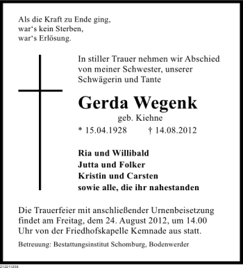 Traueranzeige von Gerda Wegenk von Deister- und Weserzeitung