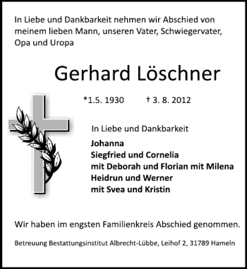 Traueranzeige von Gerhard Löschner von Deister- und Weserzeitung