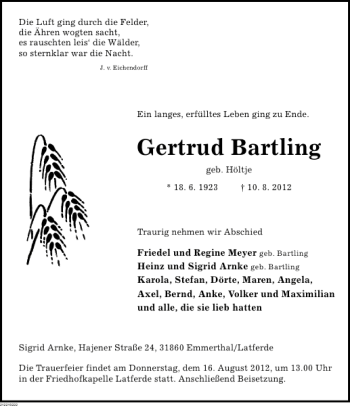 Traueranzeige von Gertrud Bartling von Deister- und Weserzeitung