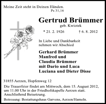 Traueranzeige von Gertrud Brümmer von Deister- und Weserzeitung