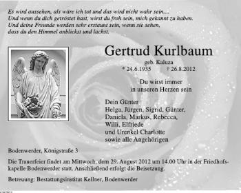 Traueranzeige von Gertrud Kurlbaum von Deister- und Weserzeitung