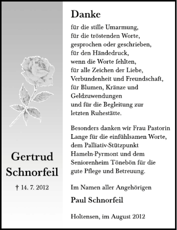 Traueranzeige von Gertrud Schnorfeil von Deister- und Weserzeitung