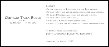 Traueranzeige von Gertrud Tabea Bugus von Deister- und Weserzeitung