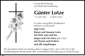 Traueranzeige von Günter Lotze von Deister- und Weserzeitung